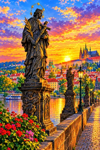 A portrait-oriented diamond painting kit design showing stone statues on the Charles Bridge in Prague, bathed in warm golden hour light with lush, det