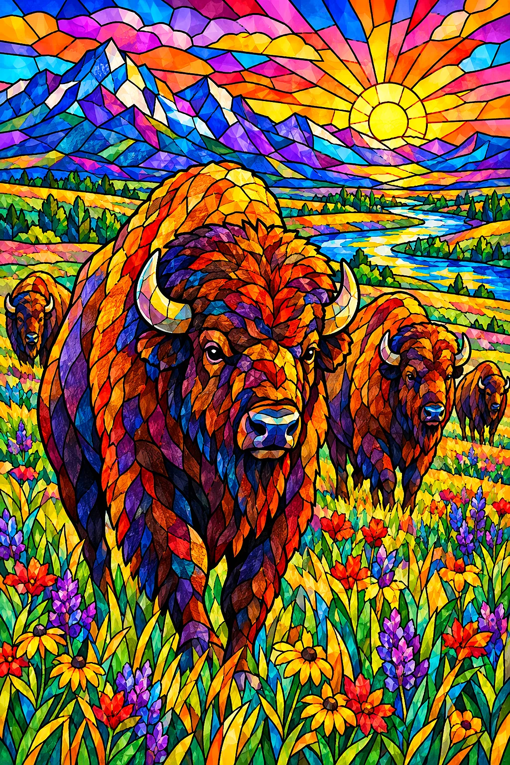 A completed diamond painting depicting a herd of bison on a prairie, rendered in a jewel-toned stained glass mosaic style with a vibrant rainbow color