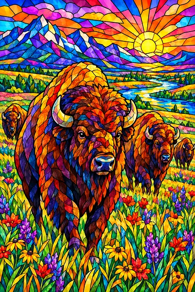 A completed diamond painting depicting a herd of bison on a prairie, rendered in a jewel-toned stained glass mosaic style with a vibrant rainbow color