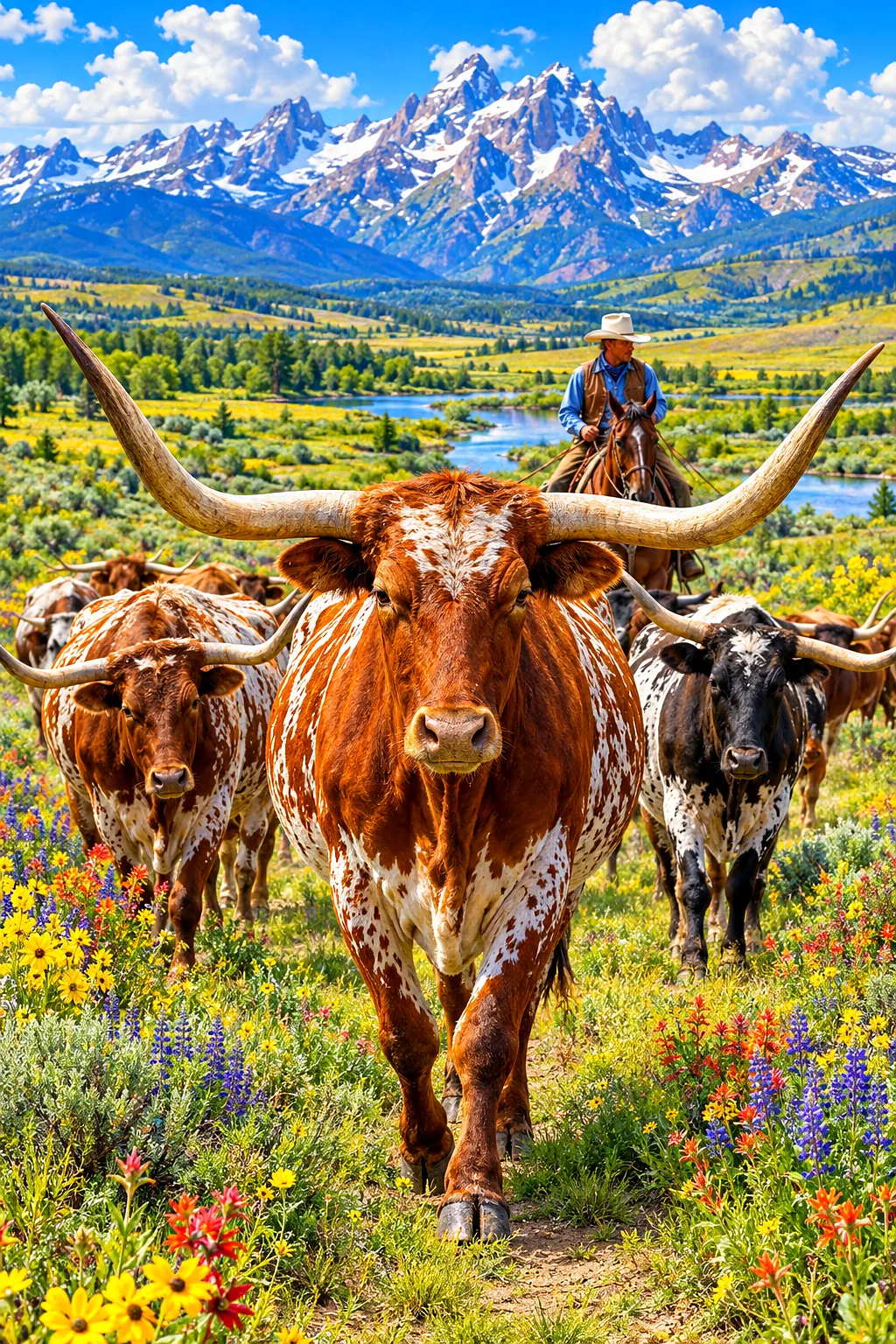 A hyper-detailed photorealistic painting depicting a longhorn cattle drive moving across vast green plains under a bright blue sky in spring, with a c