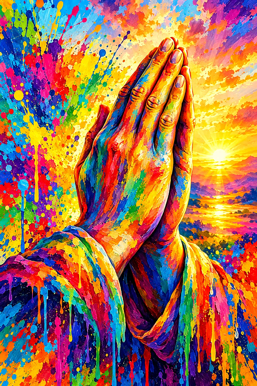 Close-up of a diamond painting featuring hands clasped in prayer, bathed in warm golden light with energetic rainbow paint splashes and drips in the b