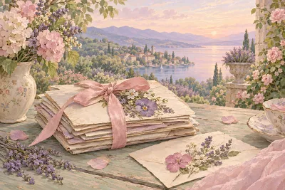 A completed diamond painting featuring an open vintage letter with pressed flowers in powder pink, sage green, lavender, and cream, set in a wide, dre