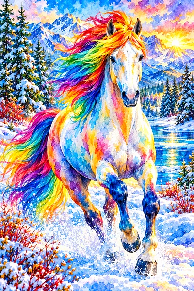 Portrait diamond painting kit featuring a wild horse with a rainbow mane and tail galloping across a snowy landscape under a bright sky, rendered in l