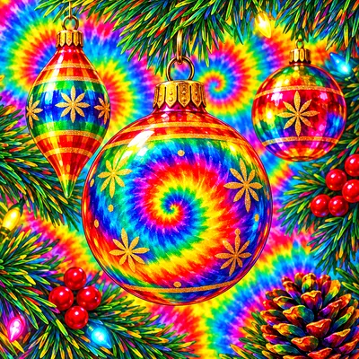 Close-up square diamond painting of vintage Christmas ornaments on pine branches in psychedelic tie-dye swirl art with glowing rainbow gradients.
