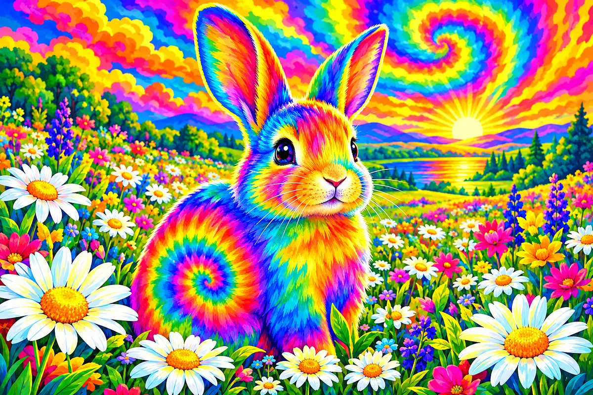 Landscape diamond painting of a bunny in a field of daisies with psychedelic tie-dye swirls and glowing rainbow gradients in bright spring colors.