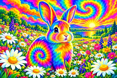 Landscape diamond painting of a bunny in a field of daisies with psychedelic tie-dye swirls and glowing rainbow gradients in bright spring colors.