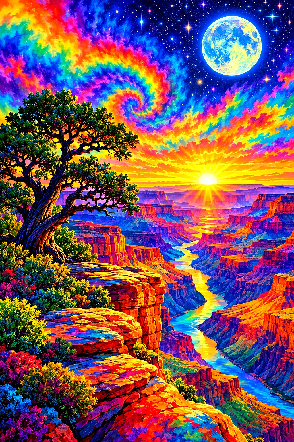 Portrait view of a psychedelic tie-dye Grand Canyon at sunrise diamond painting kit, glowing with rainbow gradients under moonlight and stars.
