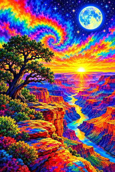 Portrait view of a psychedelic tie-dye Grand Canyon at sunrise diamond painting kit, glowing with rainbow gradients under moonlight and stars.