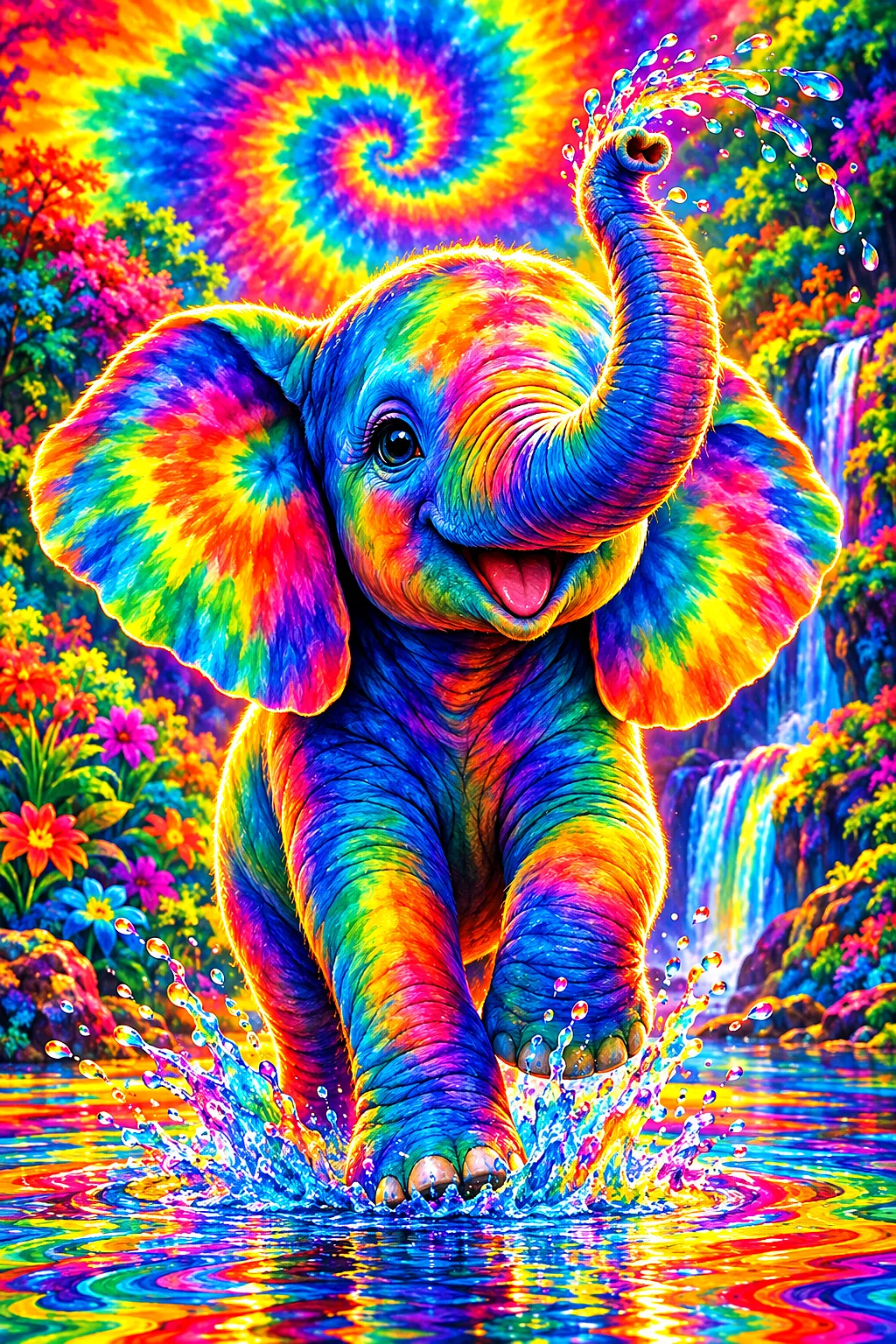 Portrait diamond painting kit featuring a baby elephant splashing in a glowing, psychedelic tie-dye puddle with dramatic rim lighting and deep contras