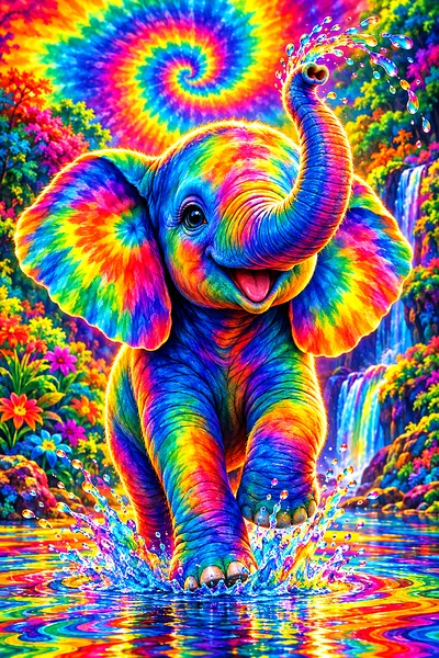 Portrait diamond painting kit featuring a baby elephant splashing in a glowing, psychedelic tie-dye puddle with dramatic rim lighting and deep contras