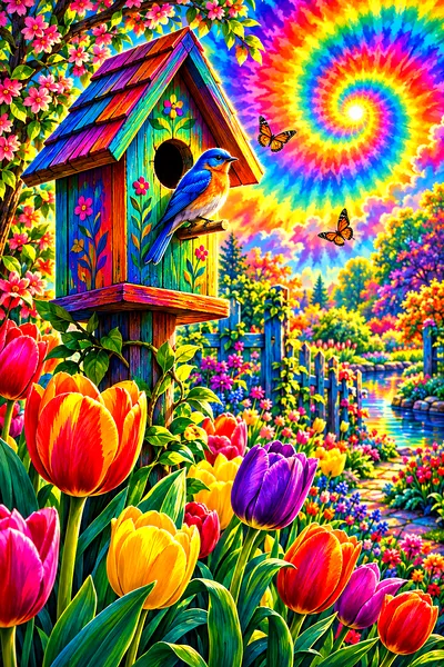 Portrait view of a psychedelic tie-dye swirl art diamond painting kit featuring a spring garden with blooming tulips, a whimsical birdhouse, glowing r