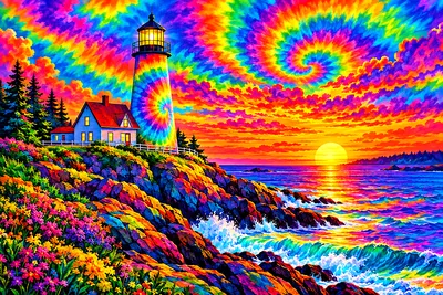 Completed landscape diamond painting depicting a lighthouse on a rocky Maine coast under a psychedelic tie-dye swirl sunset with glowing rainbow gradi