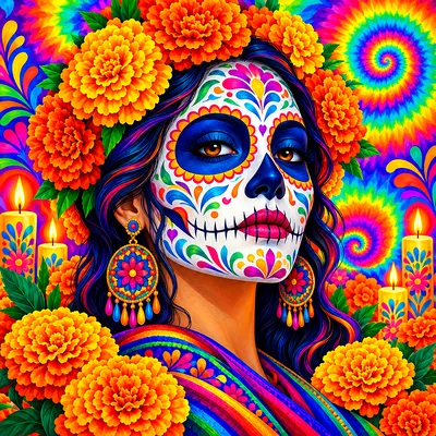 Close-up portrait diamond painting kit with psychedelic tie-dye swirl art and glowing rainbow gradients, adorned with marigolds, celebrating the Day o