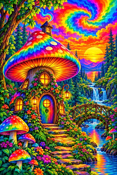Psychedelic tie-dye swirl art diamond painting depicting a glowing mushroom fairy house in a vibrant forest under a rainbow gradient sunset sky.