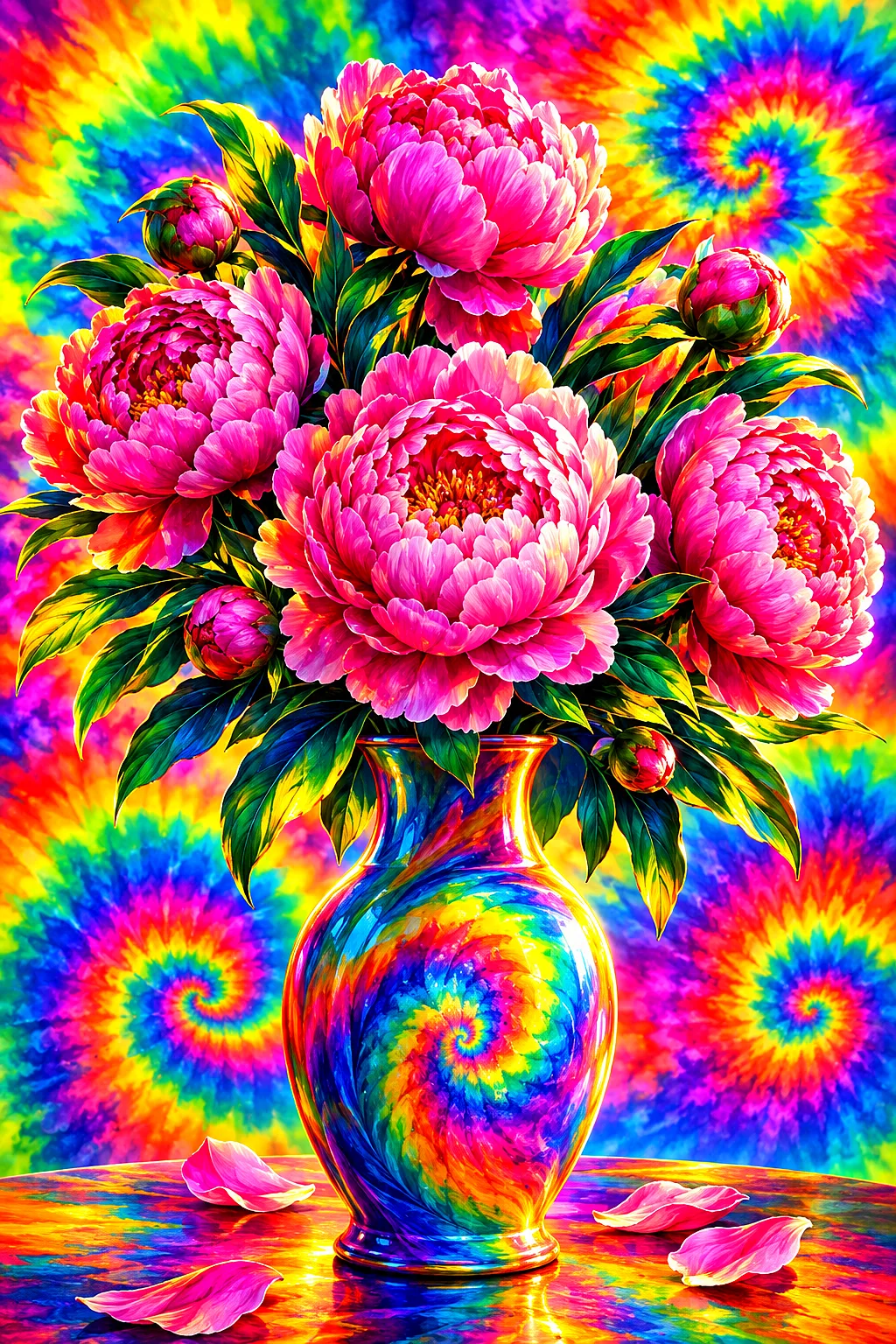 A portrait diamond painting depicting a bouquet of pink peonies in a vase, rendered in a psychedelic tie-dye swirl art style with glowing rainbow grad