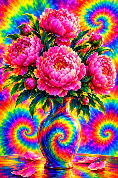 A portrait diamond painting depicting a bouquet of pink peonies in a vase, rendered in a psychedelic tie-dye swirl art style with glowing rainbow grad