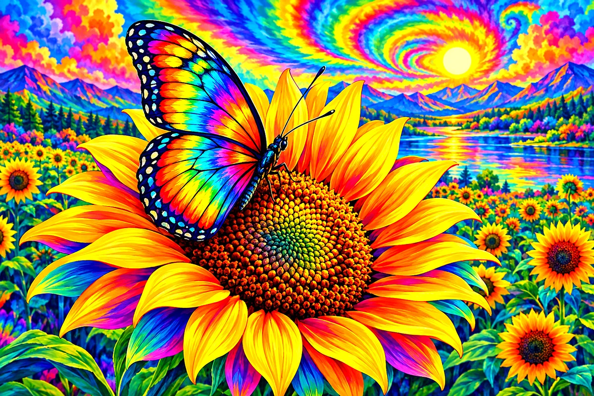 A psychedelic tie-dye landscape diamond painting featuring a butterfly with rainbow-colored wings perched on a glowing, swirling sunflower.