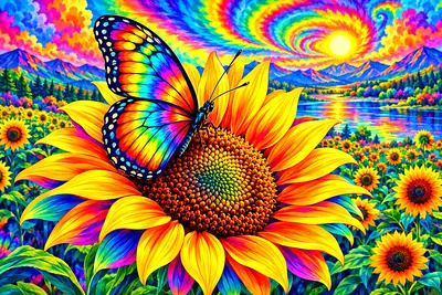 A psychedelic tie-dye landscape diamond painting featuring a butterfly with rainbow-colored wings perched on a glowing, swirling sunflower.