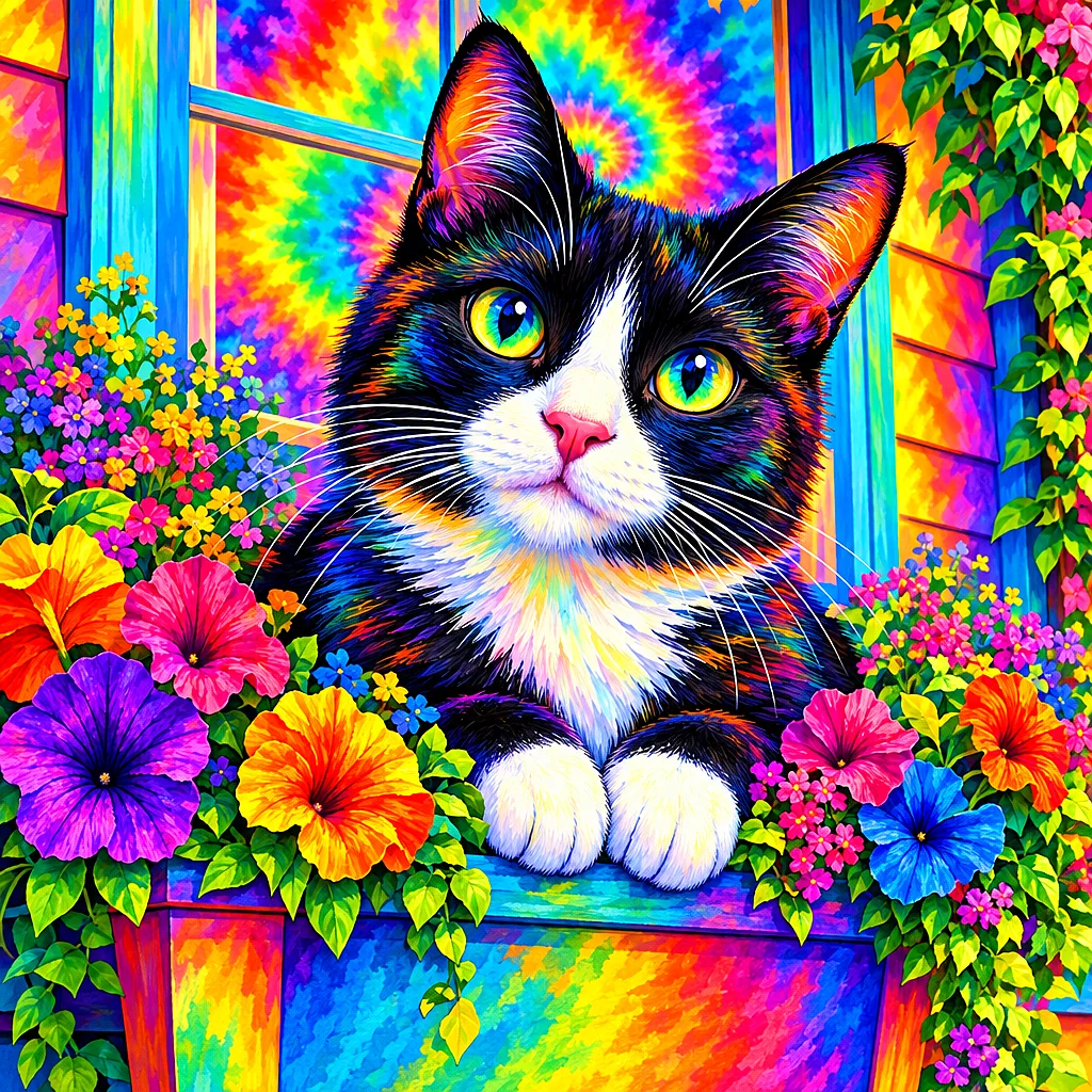 Close-up square diamond painting of a tuxedo cat in a window box overflowing with flowers, rendered in a psychedelic tie-dye swirl art style with glow
