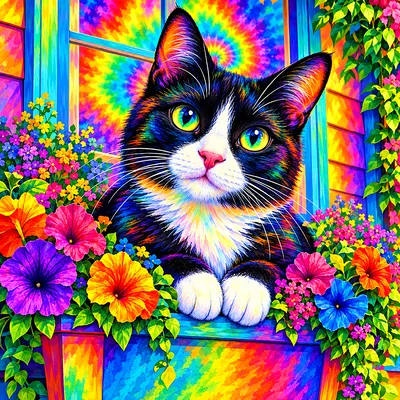 Close-up square diamond painting of a tuxedo cat in a window box overflowing with flowers, rendered in a psychedelic tie-dye swirl art style with glow