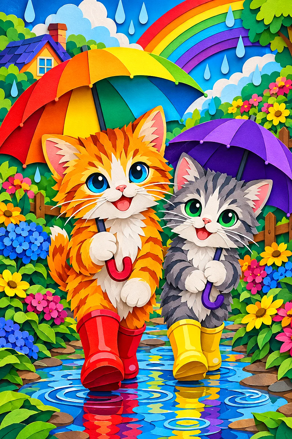 Portrait diamond painting featuring a layered papercut style image of three adorable kittens wearing colorful rain boots and holding umbrellas, with a