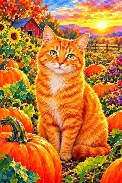 Luminous watercolor diamond painting of a fluffy orange cat with green eyes nestled amongst various pumpkins in a field at golden hour, with warm glow