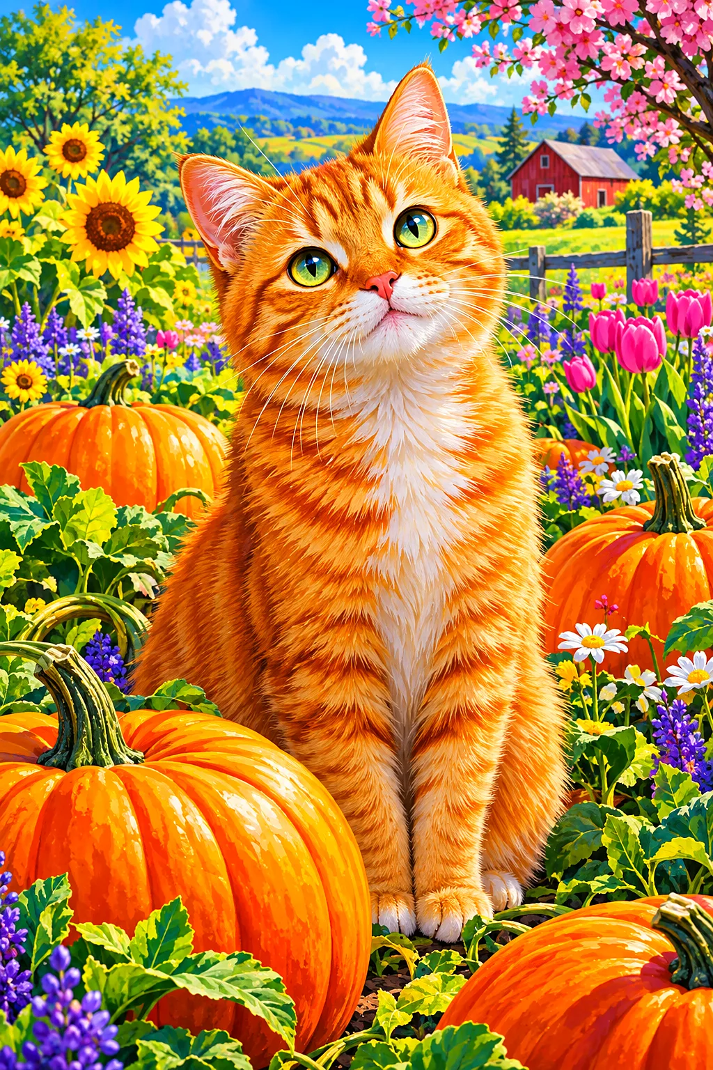 A highly detailed portrait diamond painting design depicting a fluffy, bright orange cat with emerald green eyes sitting amongst small, colorful sprin