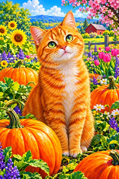 A highly detailed portrait diamond painting design depicting a fluffy, bright orange cat with emerald green eyes sitting amongst small, colorful sprin