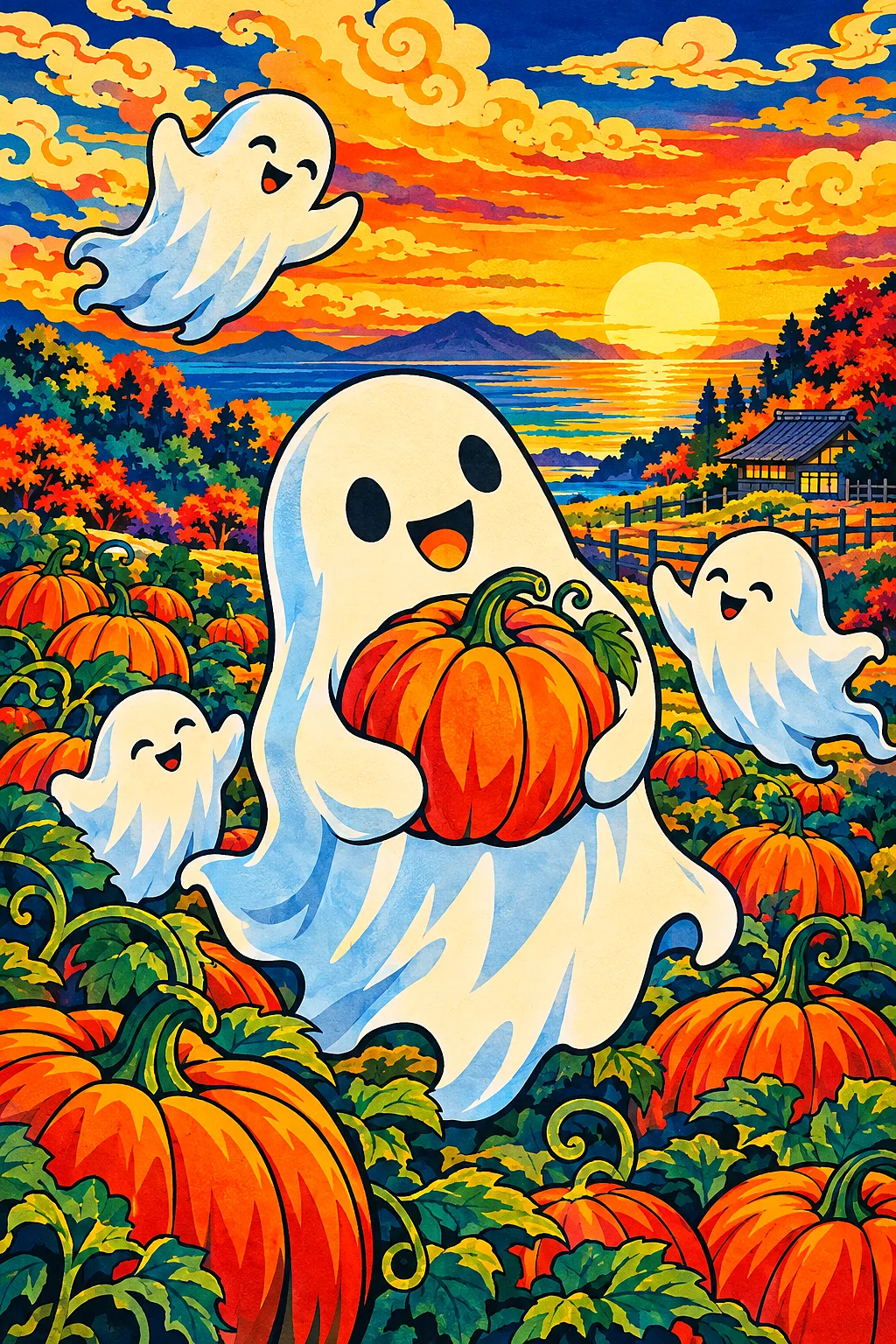 Portrait diamond painting of friendly white ghosts with big eyes and smiles in a golden pumpkin patch under a warm, glowing sky, in a traditional Japa
