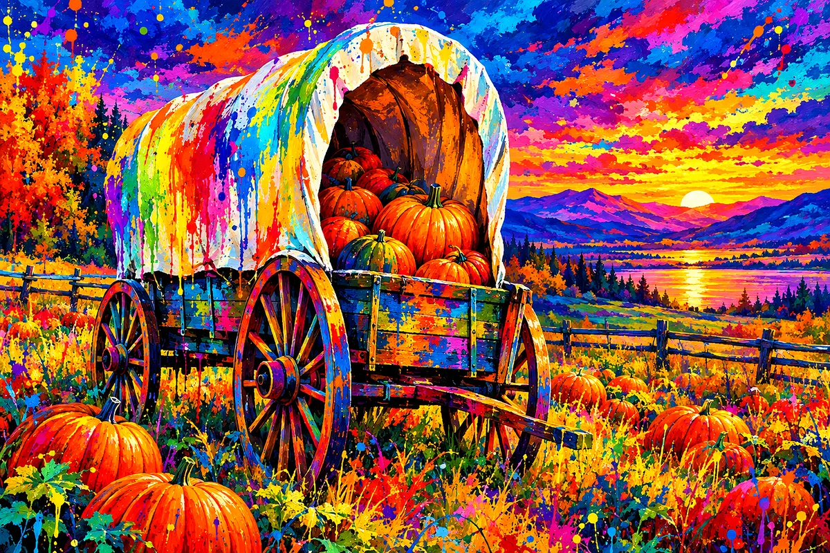 A diamond painting kit featuring a covered wagon overflowing with pumpkins in a field under a jewel-toned twilight sky, with high-energy acrylic rainb