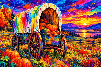 A diamond painting kit featuring a covered wagon overflowing with pumpkins in a field under a jewel-toned twilight sky, with high-energy acrylic rainb