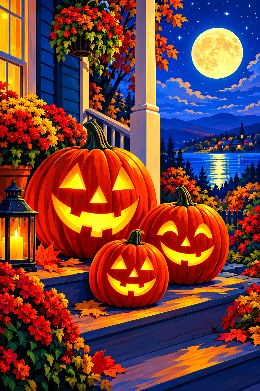 Retro vintage illustration of glowing jack-o'-lanterns on a porch under moonlight and stars, rendered as a portrait-oriented diamond painting canvas.
