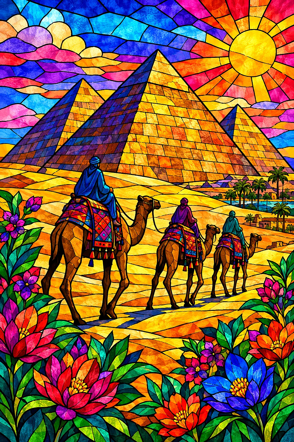 Portrait diamond painting of the Great Pyramids of Giza and a camel caravan in the desert, rendered in a jewel-toned stained glass mosaic with bold da