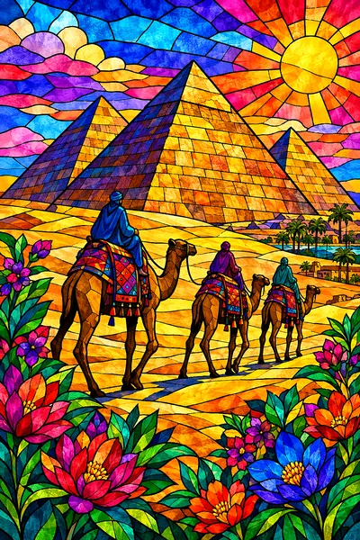 Portrait diamond painting of the Great Pyramids of Giza and a camel caravan in the desert, rendered in a jewel-toned stained glass mosaic with bold da