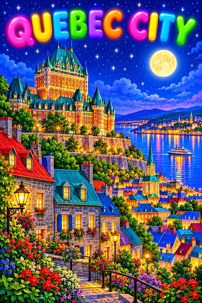 Quebec city by night Canada: a walled old town of stone houses and copper roofs above a river, with a turreted chateau hotel,