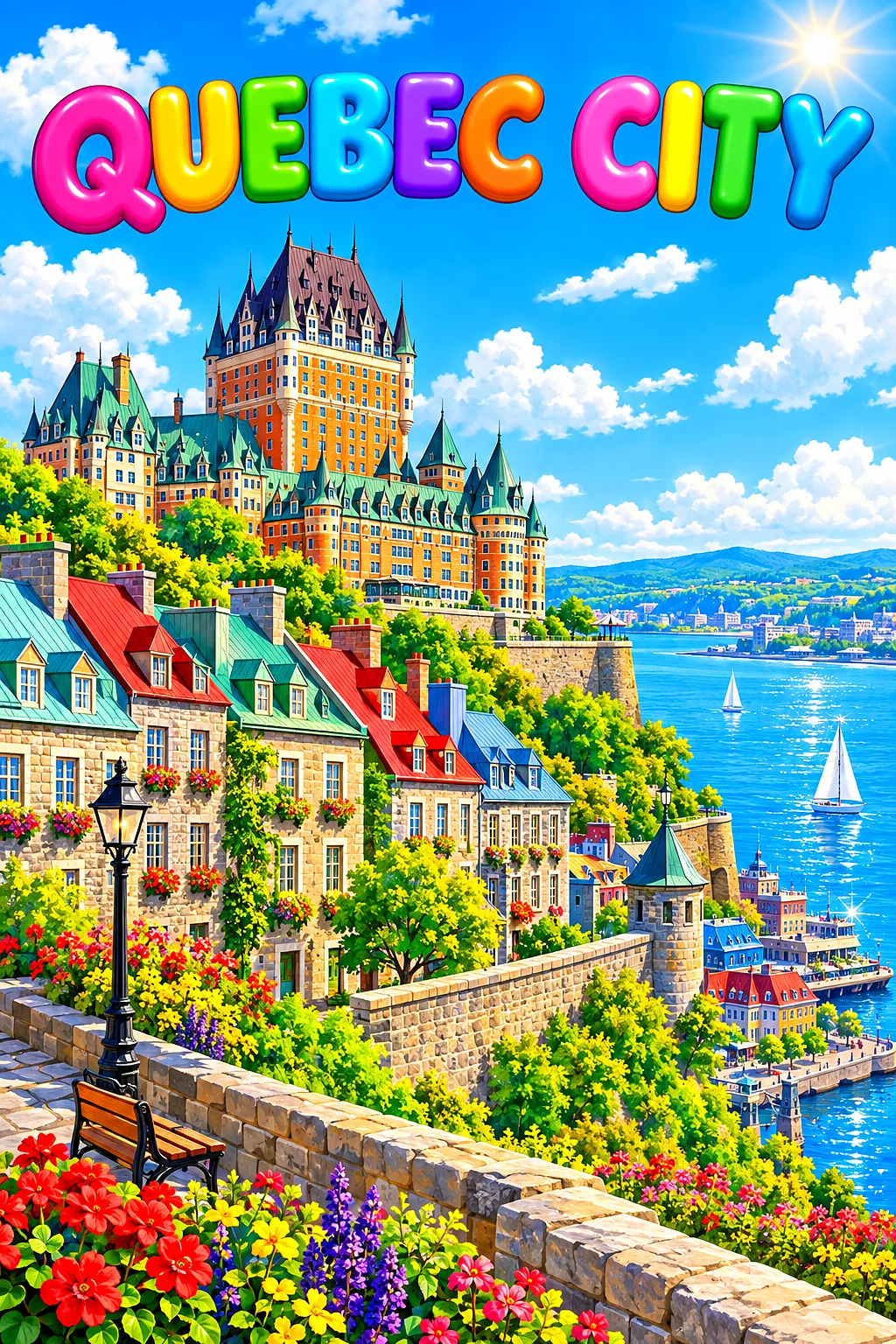 Whimsical illustration of a walled old town with stone houses, copper roofs, a chateau, and a river under a bright blue sky with fluffy clouds and spa