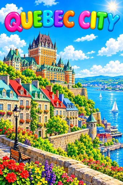 Whimsical illustration of a walled old town with stone houses, copper roofs, a chateau, and a river under a bright blue sky with fluffy clouds and spa