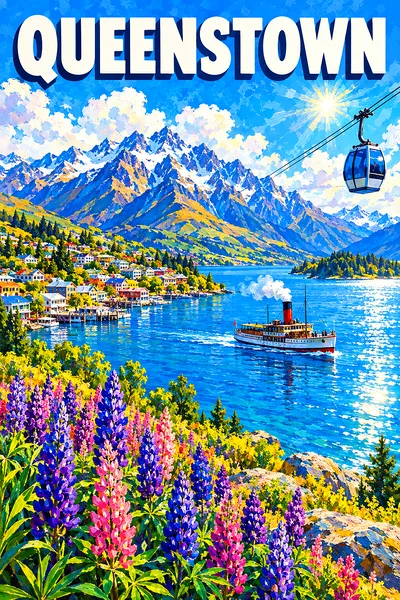 Impressionist diamond painting kit of a sunny lakeside town beneath jagged snowy peaks, with a steamship, gondola, and lupine flowers.