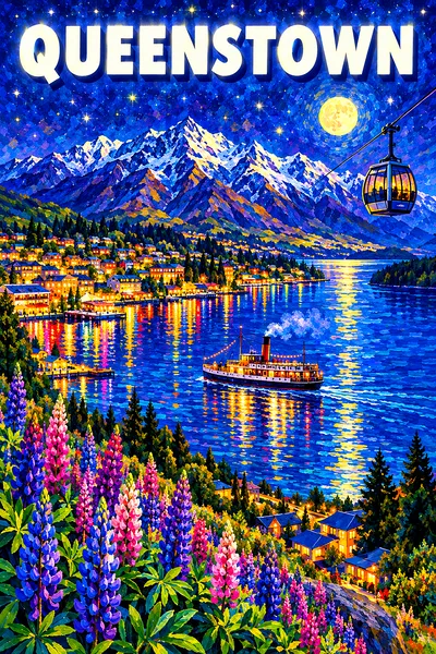 Impressionistic diamond painting of a New Zealand lakeside town at night under a starry sky, with snow-capped mountains, a steamship, gondola, and col