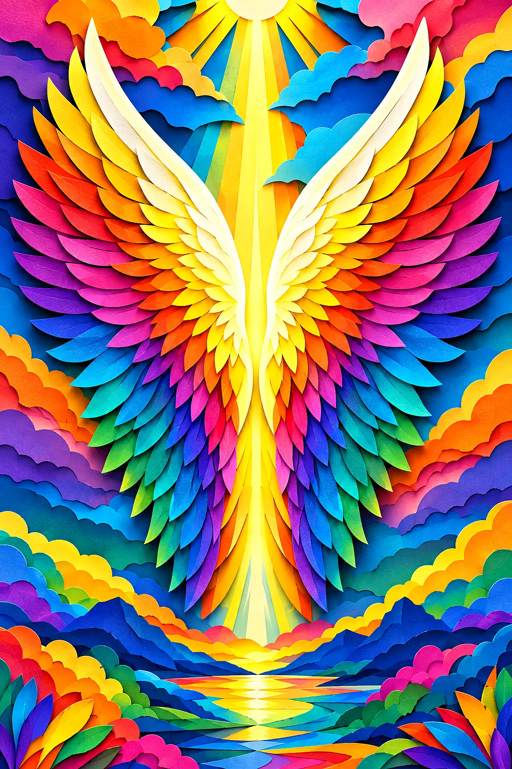 Close-up of a diamond painting depicting ethereal angel wings made of layered papercut light in rainbow colors with deep shadows.