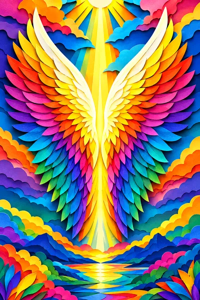 Close-up of a diamond painting depicting ethereal angel wings made of layered papercut light in rainbow colors with deep shadows.