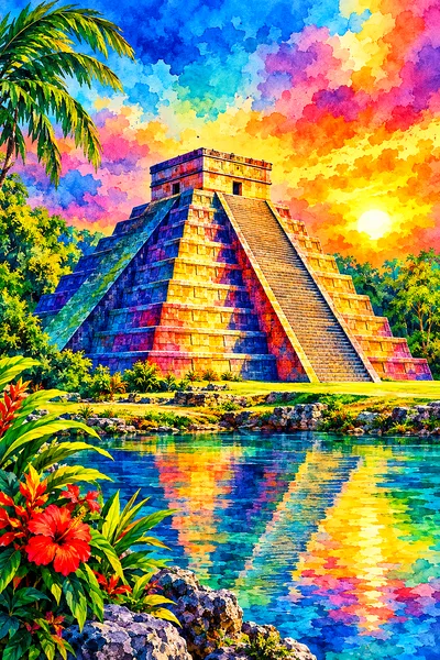 A completed portrait diamond painting depicting a stepped ancient pyramid in a luminous watercolor style with vibrant rainbow colors and crisp edges.