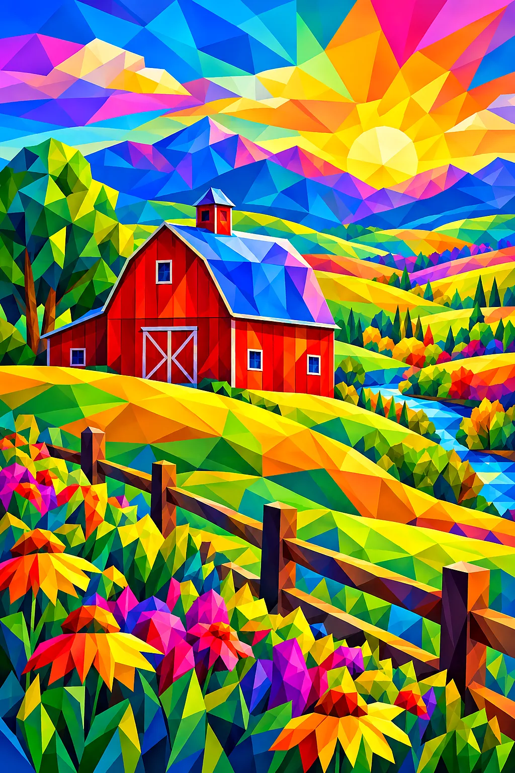 Portrait diamond painting of rolling hills with a red barn in a low-poly, geometric style with sharp gradients and a rainbow color palette.