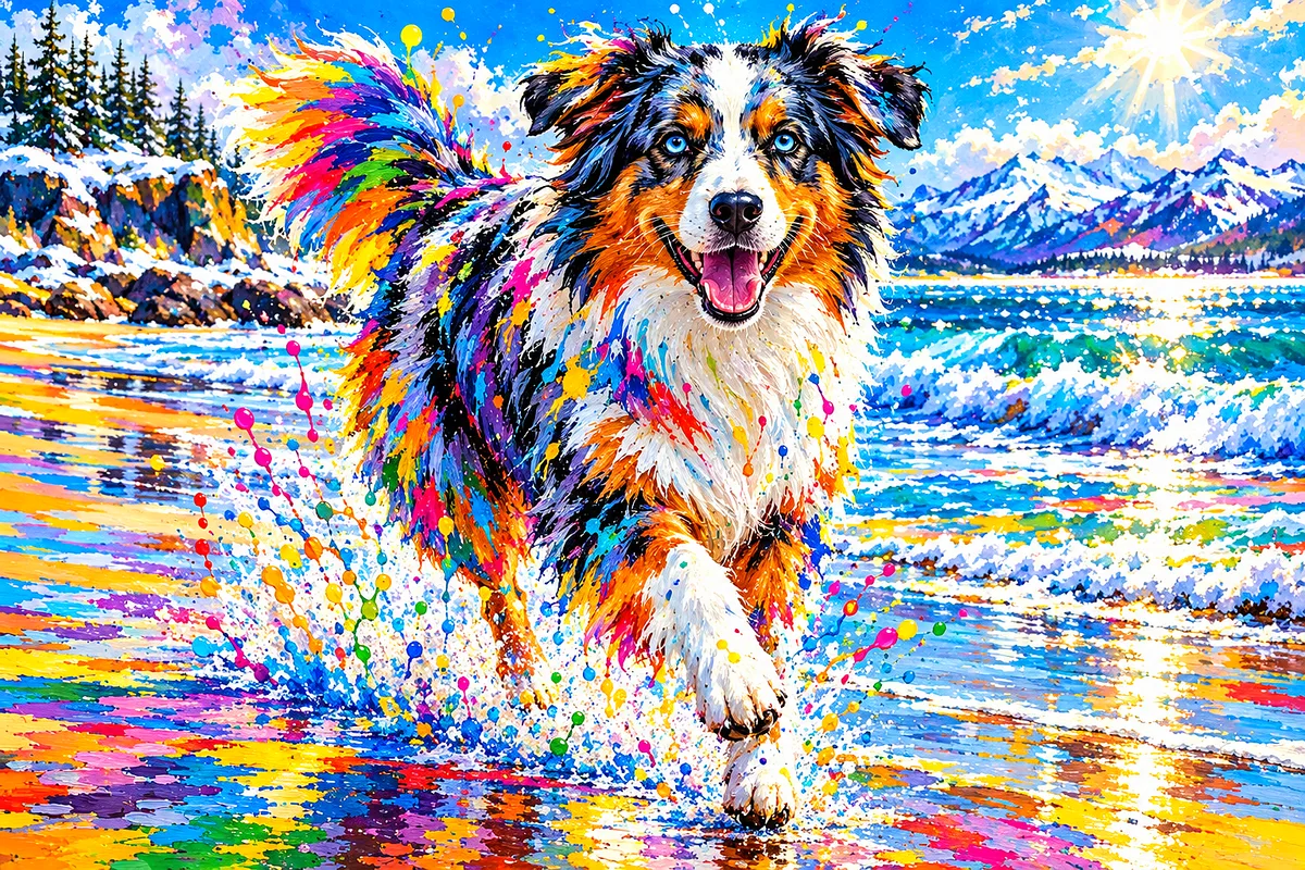 High-energy acrylic painting of an Australian Shepherd running on a sparkling winter beach with rainbow paint splashes and drips