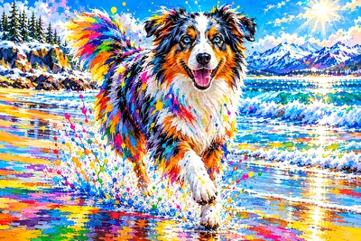 High-energy acrylic painting of an Australian Shepherd running on a sparkling winter beach with rainbow paint splashes and drips