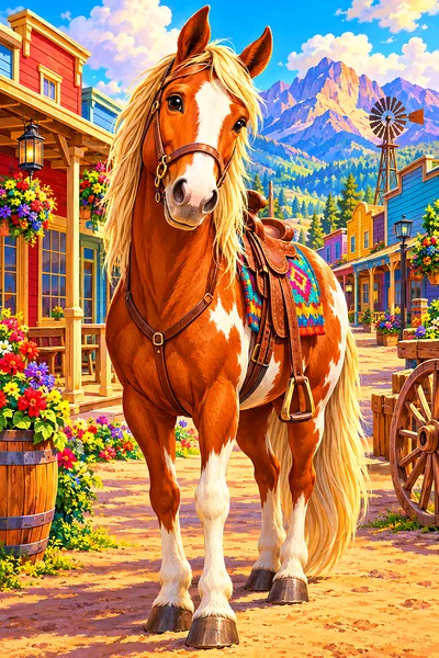Whimsical old western town main street diamond painting with soft glowing light and a vibrant rainbow color palette, portrait orientation.