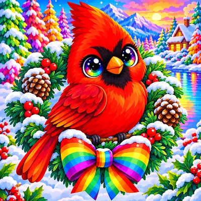 Kawaii cartoon illustration of a plump cardinal with big sparkling eyes perched on a snowy wreath, depicted in a vibrant rainbow color palette on a sq