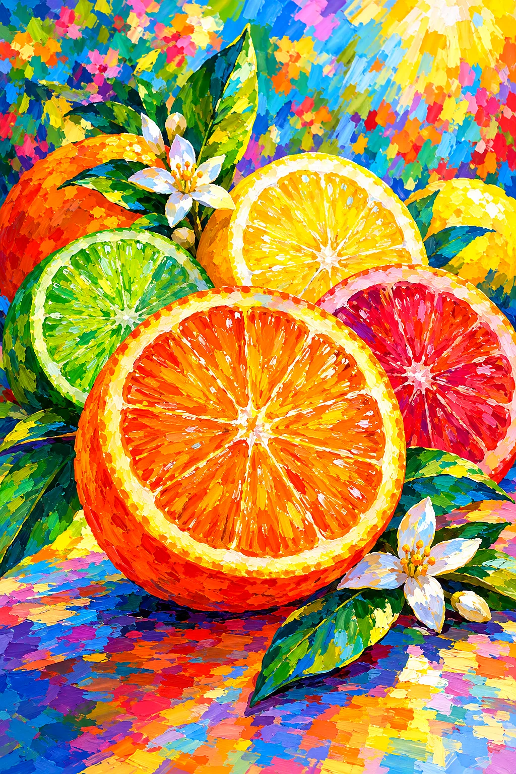 Close-up of a finished diamond painting depicting impressionistic, brightly colored citrus slices in a rainbow palette, with dappled light effects.