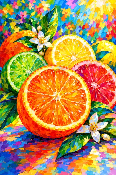 Close-up of a finished diamond painting depicting impressionistic, brightly colored citrus slices in a rainbow palette, with dappled light effects.