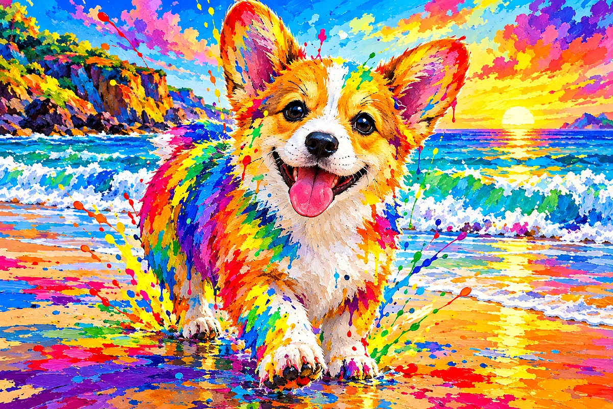 A landscape diamond painting kit canvas showing a corgi puppy on a beach with rainbow paint splashes and drips in a high-energy acrylic art style.